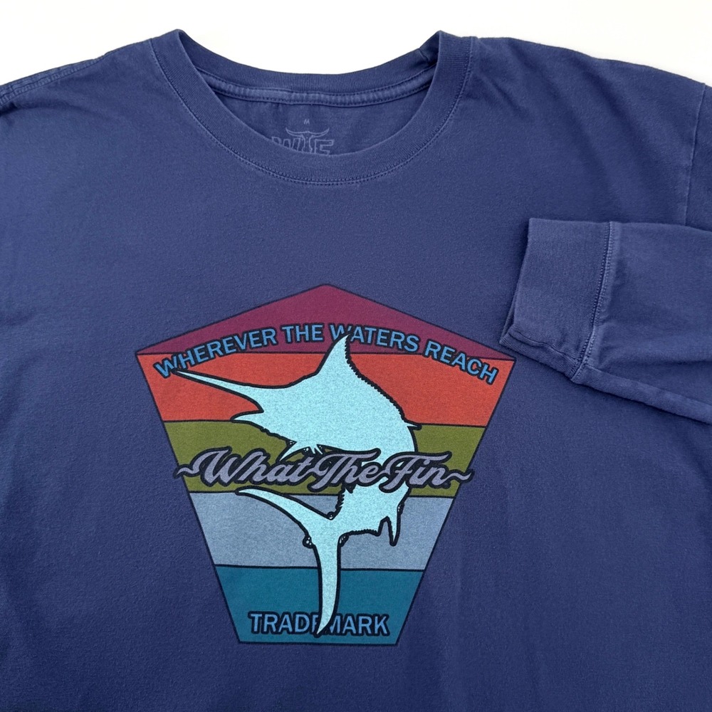 What The Fin Graphic T-Shirt Mens M Blue Long‎ Sleeve Marlin Fishing